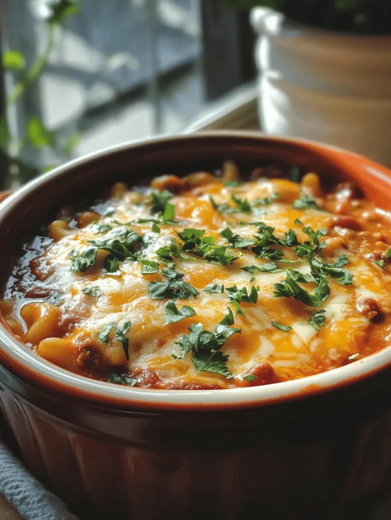 Chili Mac Delight is a dish that beautifully marries the robust flavors of chili with the comforting, familiar textures of macaroni. This hearty recipe is perfect for a cozy family dinner or a lively gathering with friends, making it a versatile option that appeals to all ages. With its combination of ground meat, kidney beans, and a gooey cheese topping, Chili Mac Delight is not only pleasing to the palate but also a nutritious choice packed with protein and fiber.