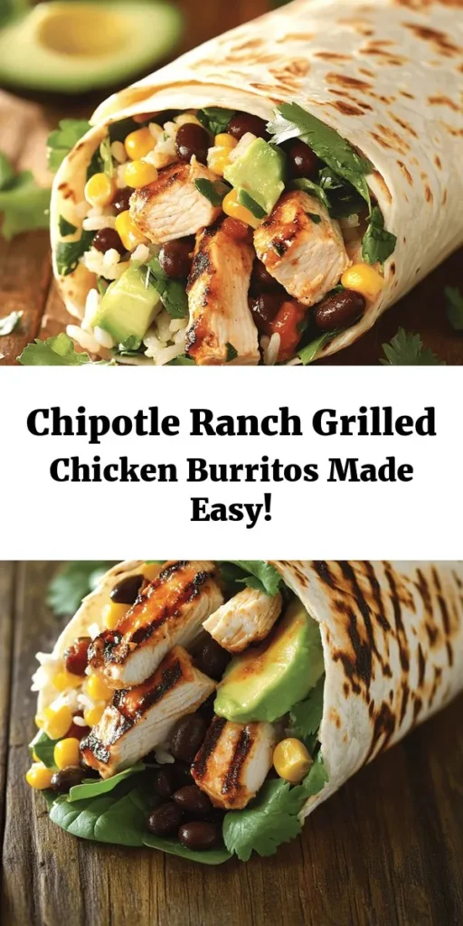 Discover the deliciousness of Easy Chipotle Ranch Grilled Chicken Burritos! Perfect for a quick weeknight dinner, these burritos are packed with marinated grilled chicken, rice, black beans, corn, and fresh avocado, all wrapped in a warm tortilla. Drizzle with a zesty chipotle ranch dressing for an extra kick. Ready in about an hour and perfect for meal prep or family meals, this recipe makes four satisfying servings. Enjoy a burst of flavor in every bite!