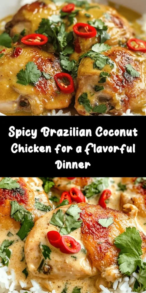 Spice up your dinner with this delicious Spicy Brazilian Coconut Chicken! This one-pot wonder features tender chicken thighs marinated in a blend of lime juice, spices, and coconut milk for a creamy, flavorful sauce. Perfectly complemented by sautéed onions and fresh chili peppers, it's a dish that balances heat and richness. Serve it over fluffy rice and garnish with cilantro for a truly tropical experience. Ideal for family dinners or impressing guests!