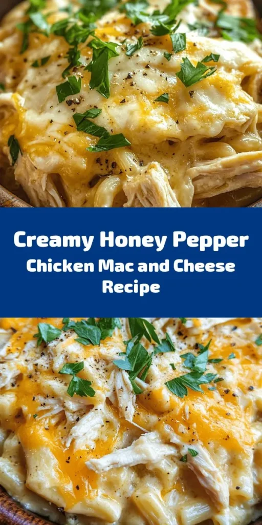 Indulge in the creamy goodness of Honey Pepper Chicken Mac and Cheese Delight! This comforting dish combines tender elbow macaroni with shredded chicken, sautéed onion, and a rich sauce of heavy cream, melty cheddar, and mozzarella. A hint of honey adds a unique sweetness, while black pepper and red pepper flakes bring the heat. Perfect for a cozy dinner, this recipe is ready in just 35 minutes and serves four. Add fresh parsley for a burst of color!
