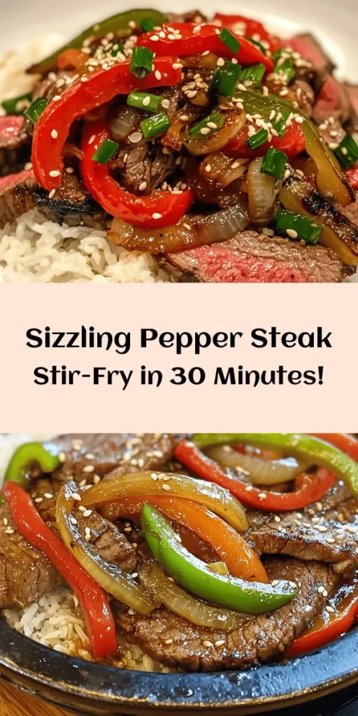 Try this easy and delicious Sizzling Pepper Steak with Onions recipe for a quick weeknight dinner! Tender flank steak is marinated and stir-fried with colorful bell peppers, onions, and a flavorful sauce, creating a dish that's both satisfying and vibrant. Ready in just 30 minutes, this meal pairs perfectly with rice or noodles. Garnish with green onions and sesame seeds for an extra touch. Your family will love this savory treat!