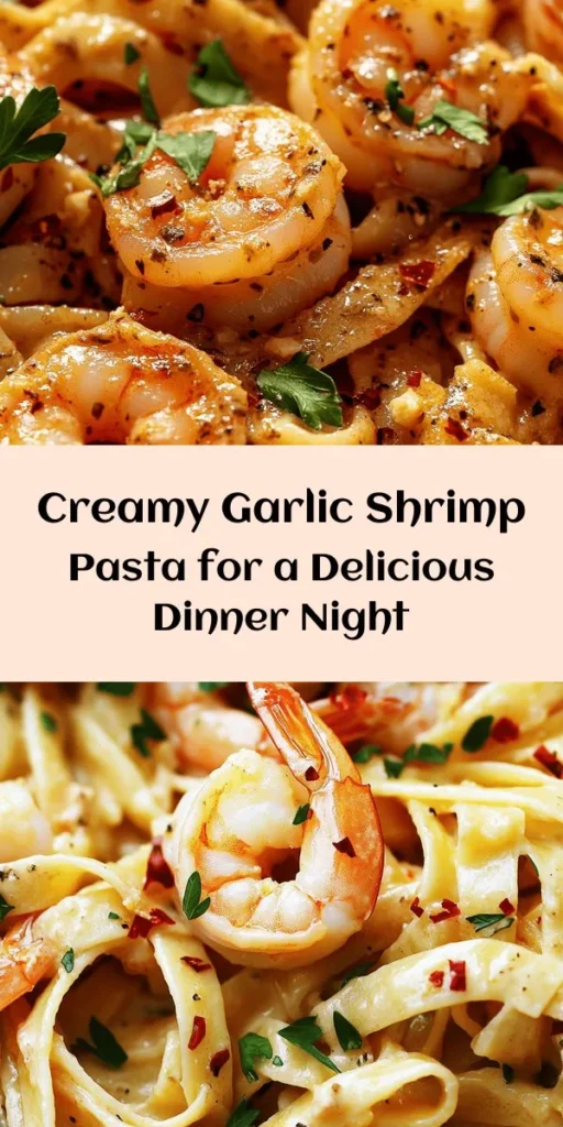 Indulge in this creamy garlic shrimp pasta that’s bursting with flavor! Perfect for a cozy dinner, this recipe features tender shrimp sautéed with garlic and bathed in a rich creamy sauce. Tossed with fettuccine and finished with Parmesan, it’s a delightful dish that's easy to prepare in just 30 minutes. Whether for a weeknight meal or a special occasion, this pasta will surely impress your guests. Enjoy garnished with fresh parsley for a pop of color!