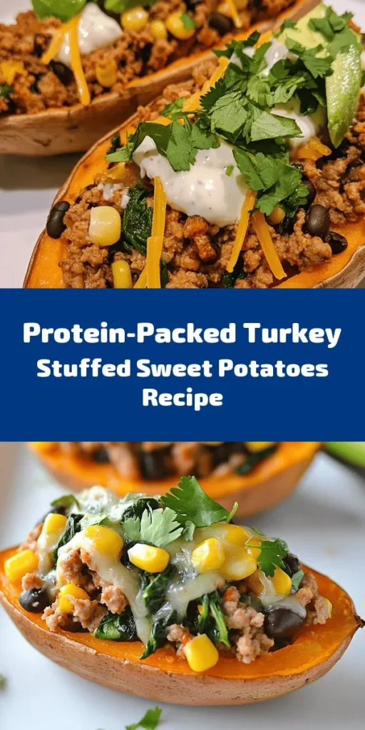 Satisfy your hunger with this delicious high protein ground turkey stuffed sweet potato recipe! Perfectly baked sweet potatoes are filled with a savory mix of ground turkey, spinach, black beans, and corn, all seasoned to perfection. Topped with gooey cheese and fresh cilantro, it's an easy meal that's both nutritious and filling. Ideal for a weeknight dinner or meal prep, enjoy with optional Greek yogurt or avocado for added creaminess. Try it out today!