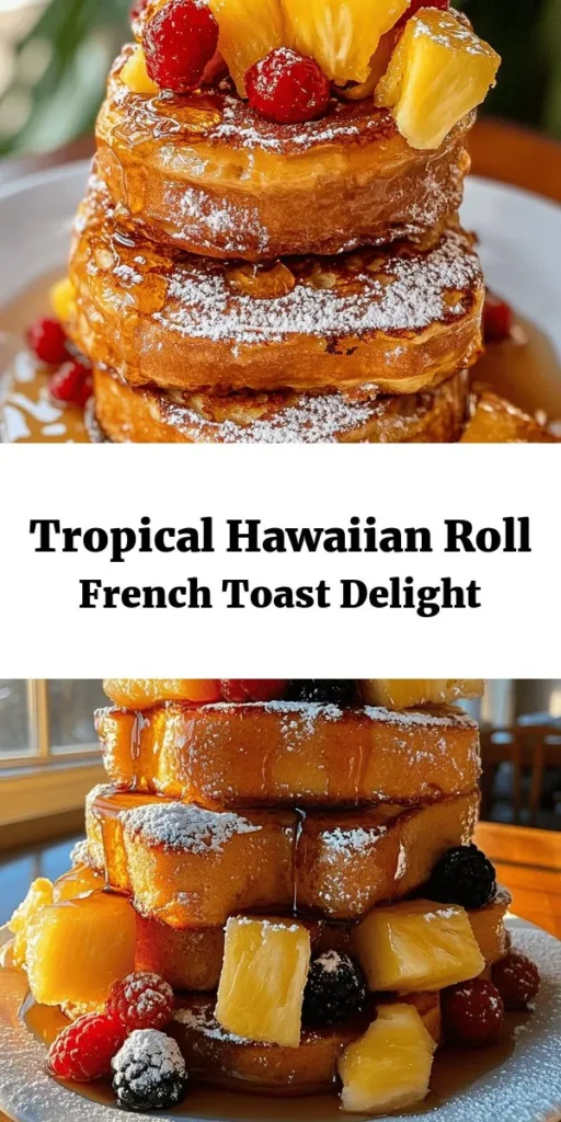 Indulge in a tropical breakfast delight with this Tropical Hawaiian Roll French Toast! Made with soft Hawaiian sweet rolls, this recipe is easy and perfect for sharing. Simply soak the rolls in a creamy egg mixture, cook until golden brown, and serve with warm maple syrup and fresh fruit. Garnish with powdered sugar for a delightful touch. Ideal for weekends or special occasions, this dish will transport your taste buds to paradise!