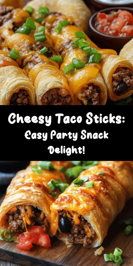 Indulge in the cheesy goodness of these Cheesy Taco Sticks! Packed with seasoned ground beef, creamy cheeses, and fresh toppings, they're rolled up in flaky crescent dough and baked until golden brown. Perfect as a snack or party appetizer, these taco sticks come to life with a side of salsa and sour cream. With just 25 minutes of prep and 15 minutes in the oven, you’ll have a delicious treat that everyone will love. Try them today!