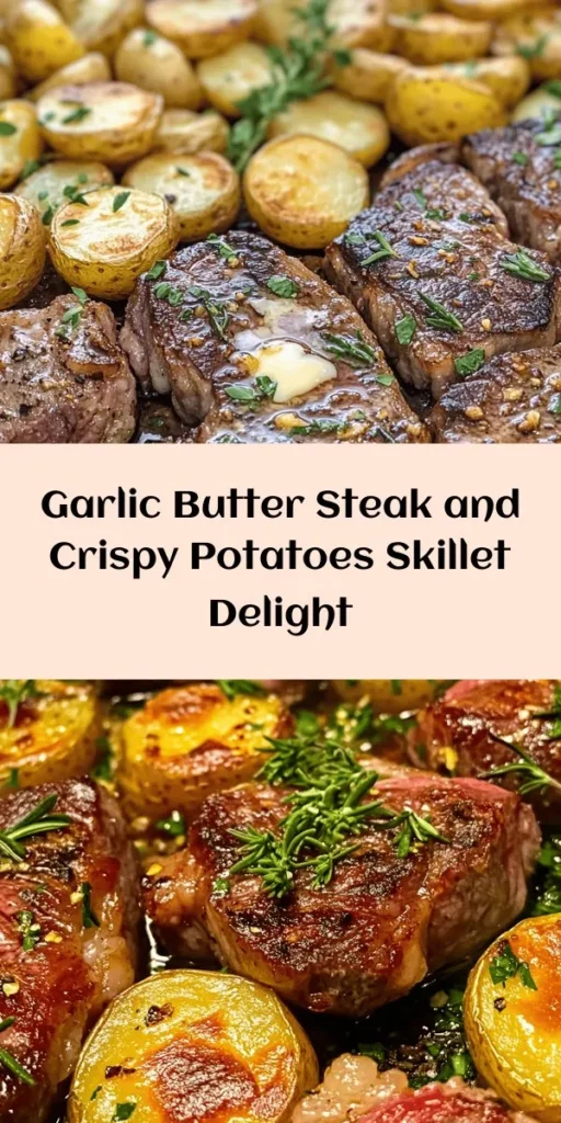 Indulge in this mouthwatering Sizzling Garlic Butter Steak & Potatoes Skillet! This one-pan recipe features juicy ribeye or sirloin steak, perfectly seared and combined with crispy baby potatoes all infused with rich garlic butter and fresh herbs. Ready in just 35 minutes, it's an easy and delicious meal for any night of the week. Garnish with fresh parsley for a pop of color! Perfect for families or impressing your friends at dinner.