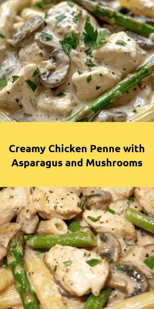 Discover a delicious blend of flavors with this Creamy Mushroom and Asparagus Chicken Penne recipe! Perfectly cooked penne pasta is combined with tender chicken, fresh asparagus, and earthy mushrooms, all enveloped in a rich, creamy sauce. Ready in just 30 minutes, this dish is ideal for a cozy weeknight dinner or a special gathering. Finish off with a sprinkle of Parmesan and fresh parsley for an elegant touch. Dive into this comforting meal and savor every bite!