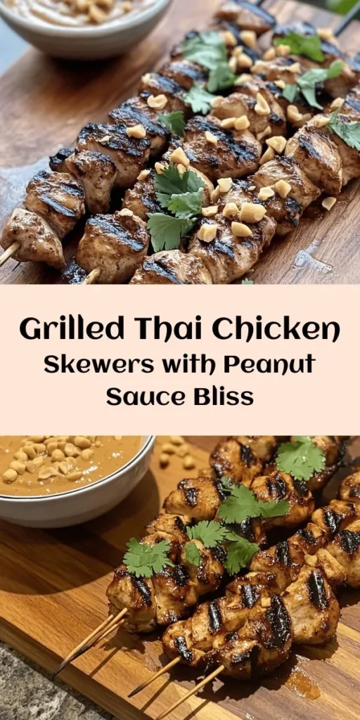 Delight in the flavors of Easy Grilled Thai Chicken Skewers with creamy Peanut Sauce! These juicy, marinated chicken thighs are grilled to perfection and paired with a rich, savory peanut sauce that’s perfect for dipping. Ideal for summer barbecues or a quick weeknight dinner, this dish is packed with vibrant tastes and easy to make. Take your taste buds on a delicious adventure! Perfectly garnished with roasted peanuts and cilantro for that extra touch. Enjoy!