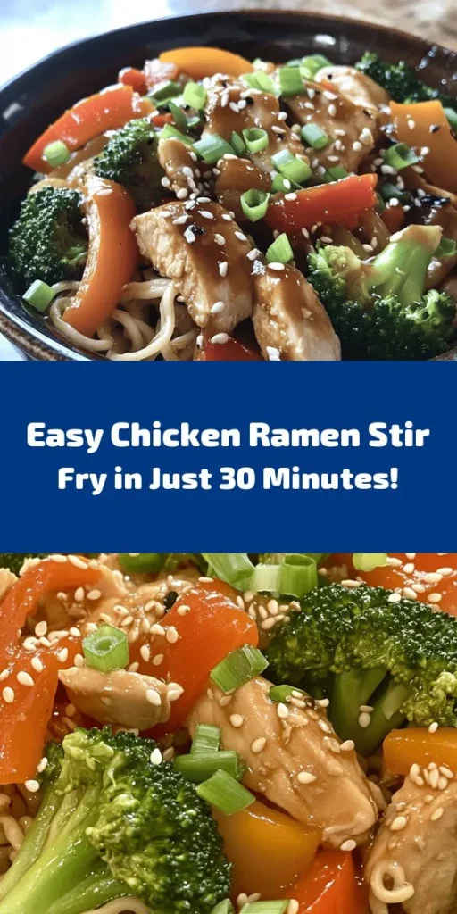 Whip up a delicious and quick Chicken Ramen Stir Fry in just 30 minutes! Using tender chicken breast, fresh veggies like bell peppers and broccoli, and flavorful sauces, this easy recipe is perfect for busy weeknights. Simply stir-fry marinated chicken and sauté colorful vegetables before tossing everything with cooked ramen noodles. Top it off with green onions and toasted sesame seeds for a delightful meal. Perfect for four, this dish is sure to please!