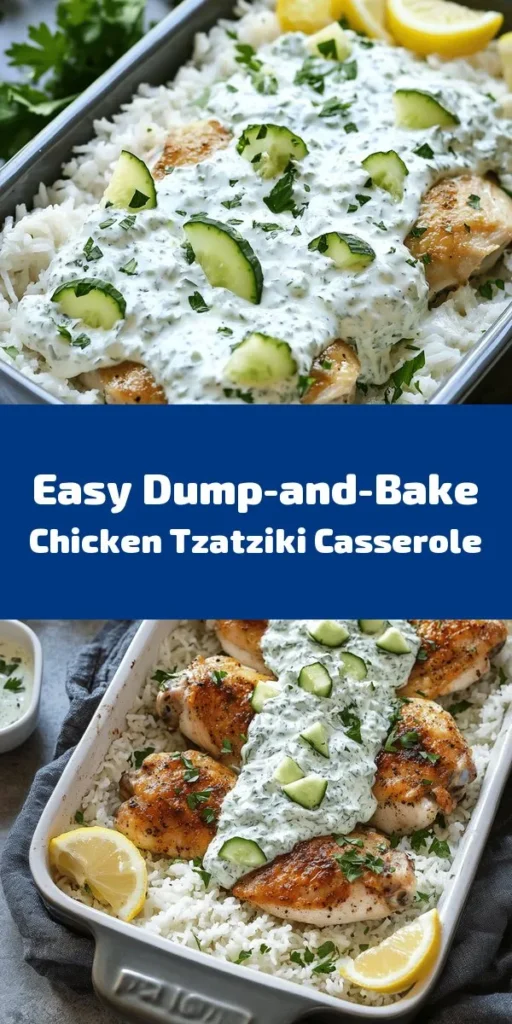 This Dump-and-Bake Chicken Tzatziki with Rice is a simple and flavorful one-pan meal that’s perfect for busy nights! With tender chicken thighs baked over fluffy rice and topped with a refreshing tzatziki sauce made from Greek yogurt, cucumber, and herbs, it’s sure to impress. Just a quick prep, then let the oven do the work! Don’t forget to serve it with lemon wedges and fresh parsley for a burst of flavor. Enjoy this easy, delicious dinner recipe that serves four!