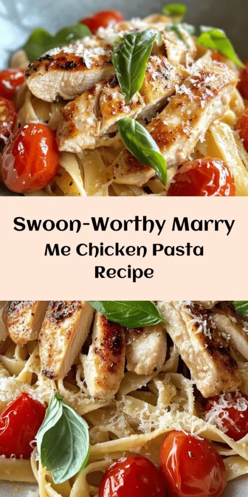 Indulge in the delicious flavors of Marry Me Chicken Pasta! This creamy dish features perfectly seared chicken breasts, sautéed garlic, and sweet cherry tomatoes, all enveloped in a rich Parmesan sauce. Tossed with fettuccine and garnished with fresh basil, this recipe is a guaranteed crowd-pleaser and perfect for a romantic dinner. Quick to prepare in just 30 minutes, it's the meal that might just make someone say yes! Enjoy every bite!
