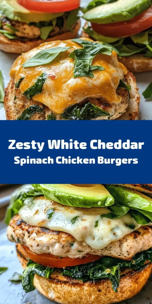 Turn your mealtime into a delicious experience with these White Cheddar and Spinach Chicken Burgers! Made with lean ground chicken, fresh spinach, and creamy white cheddar, this easy recipe combines great flavors and healthy ingredients. Simply mix, form patties, and cook to perfection. Serve on whole wheat buns with your favorite toppings for a nutritious twist on a classic favorite. Perfect for a quick weeknight dinner or a weekend BBQ! Enjoy the goodness!
