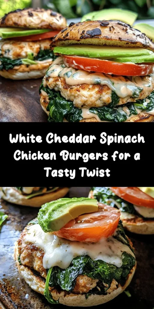 Elevate your burger night with these Savory White Cheddar and Spinach Chicken Burgers! Made with lean ground chicken, fresh spinach, and creamy white cheddar, these burgers are packed with flavor. The simple blend of breadcrumbs and spices ensures the patties are juicy and delicious. Ready in just 30 minutes, they're perfect for quick weeknight dinners. Top with avocado, tomato, and aioli for a gourmet touch. Try them today for a tasty twist on classic burgers!