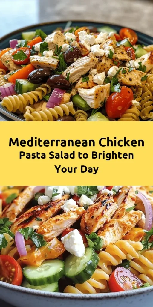 Discover the vibrant flavors of Mediterranean Chicken Pasta Salad, perfect for lunch or a light dinner! This easy recipe combines tender fusilli pasta with juicy chicken, fresh veggies, Kalamata olives, and creamy feta cheese. Drizzled with a zesty olive oil and red wine vinegar dressing, it's both refreshing and satisfying. Prep takes just 15 minutes, and chilling allows the flavors to meld beautifully. Enjoy a taste of the Mediterranean in every bite!