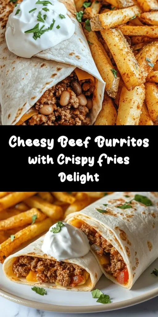 Indulge in these cheesy beef burritos paired with crispy fries for a satisfying meal everyone will love! Made with ground beef, onions, garlic, and taco seasoning, these burritos are packed with flavor. Topped with refried beans and gooey cheddar cheese, each bite is a delight. Bake the fries until golden for the perfect crunch. This recipe serves 4 and is ready in under an hour. Perfect for a family dinner or game day feast!