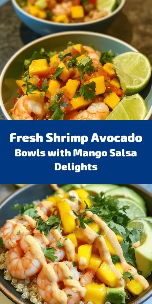 Dive into a delicious and healthy meal with these Shrimp and Avocado Bowls topped with vibrant Mango Salsa and zesty Lime-Chili Sauce. This quick recipe features succulent shrimp sautéed with chili and cumin, served over a base of quinoa or brown rice. Fresh avocados and a fruity mango salsa bring brightness to the dish, while the creamy lime-chili sauce adds an extra kick. Perfect for a weeknight dinner or meal prep, this colorful bowl is sure to impress!