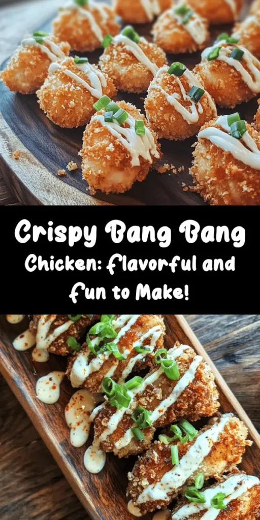 Looking for a delicious and crispy chicken recipe? Try this Bang Bang Chicken! Made with tender chicken thighs coated in a flavorful mix of flour, cornstarch, and panko breadcrumbs, this dish is fried to a golden perfection. Toss it in a zesty sauce of mayonnaise, sweet chili, and Sriracha for a kick. Perfect for sharing or as a tasty weeknight dinner. Serve it up with chopped green onions for a colorful finish. Enjoy a crunch that’s simply irresistible!