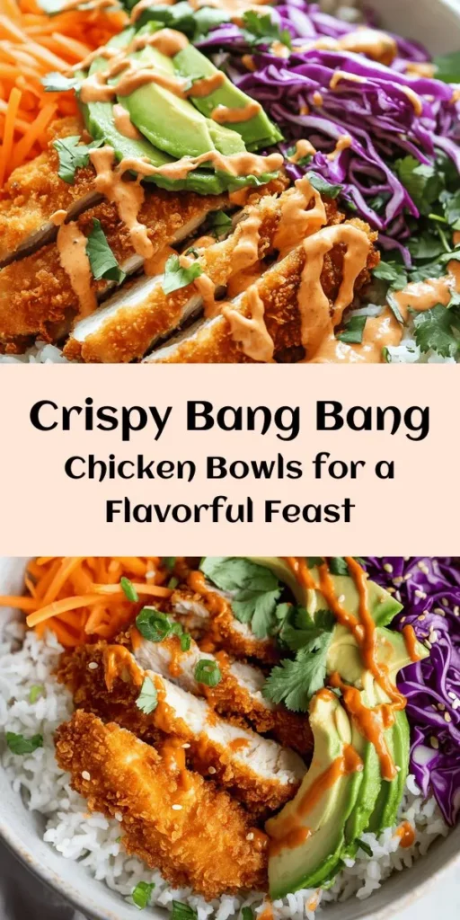 Spice up your dinner with these mouthwatering Bang Bang Chicken Bowls! Juicy, crispy chicken is coated in Panko breadcrumbs and paired with fragrant jasmine rice, crunchy cabbage, colorful carrots, and creamy avocado. Drizzled with a zesty Bang Bang sauce that balances sweet and spicy, this dish is perfect for a quick weeknight meal or a fun gathering. Enjoy a delicious burst of flavor in every bite! Perfect for meal prep too!