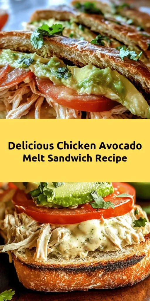 Enjoy a delicious Chicken Avocado Melt Sandwich that combines savory shredded chicken, creamy avocado, and gooey mozzarella cheese between crispy sourdough slices. This easy-to-make sandwich is perfect for lunch or a quick dinner. With just a few simple ingredients, you'll have a flavorful meal ready in 20 minutes. Don't forget to garnish with fresh cilantro for an extra burst of flavor! Try this recipe for a satisfying bite any day of the week.