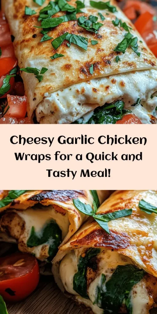 Whip up these cheesy garlic chicken wraps for a quick and delicious meal! With tender shredded chicken, creamy mozzarella and cream cheese, and a hint of garlic, these wraps are bursting with flavor. Loaded with fresh baby spinach and tomatoes, they’re both healthy and satisfying. Perfect for lunch or dinner, simply roll them up in tortillas, pan-fry until golden, and enjoy. Serve warm with your favorite dipping sauce for an extra treat!