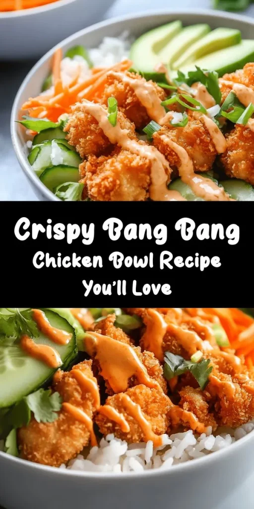 Indulge in this flavorful Bang Bang Chicken Bowl that's a feast for the eyes and the taste buds! Juicy, crispy chicken coated in a seasoned panko crust is served over fluffy jasmine rice and topped with vibrant veggies like shredded carrots and sliced cucumbers. A creamy Bang Bang sauce adds a perfect kick, making every bite irresistible. Perfect for a quick weeknight dinner or a meal prep option. Enjoy fresh garnishes of avocado, green onions, and cilantro for a burst of flavor!