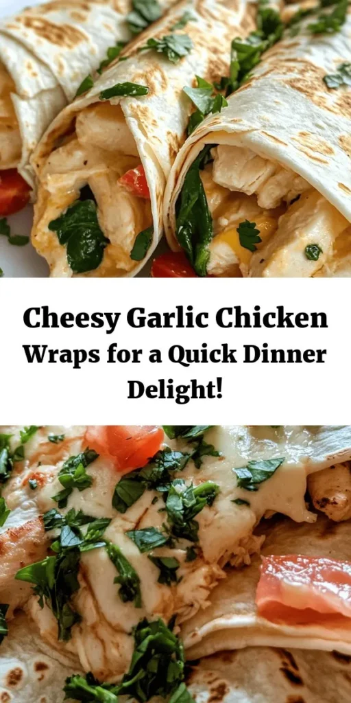 Indulge in these Cheesy Garlic Chicken Wraps that are perfect for a quick and satisfying meal! Packed with tender diced chicken, rich mozzarella, and creamy cream cheese, this wrap is bursting with flavor. Toss in sautéed garlic, fresh spinach, and juicy tomatoes for a delicious twist. Easy to make in just 30 minutes, these wraps can be toasted for an extra crispy finish. Ideal for lunch or dinner, they’re sure to please! Try this recipe today!