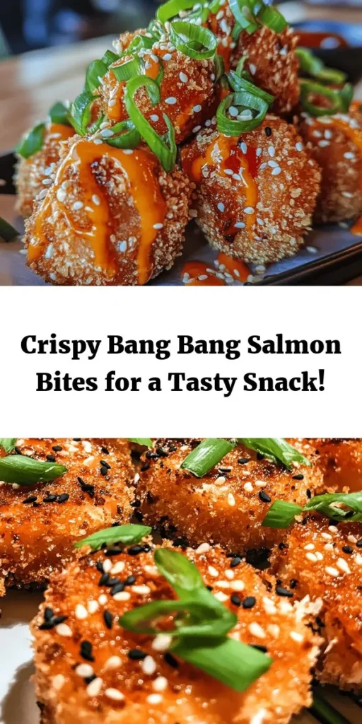 Try these Crispy Bang Bang Salmon Bites for an irresistible appetizer or snack! Fresh salmon is coated in panko breadcrumbs and fried to golden perfection, delivering a crunchy exterior and tender inside. Paired with a zesty Bang Bang sauce made from mayo, sweet chili, and a kick of sriracha, these bites are sure to impress. Perfect for parties or a fun dinner, they're easy to make and bursting with flavor. Enjoy garnished with green onions or sesame seeds!