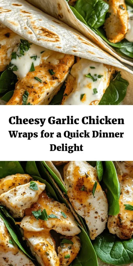 Indulge in these delicious Cheesy Garlic Chicken Wraps for a quick and satisfying meal! With marinated chicken and melted mozzarella, these wraps are packed with flavor and nutrition. Featuring fresh spinach and optional ranch dressing, they are perfect for lunch or dinner. Easy to assemble and even easier to enjoy, this recipe serves four and takes just 30 minutes. Get ready for a tasty twist on your wrap game!
