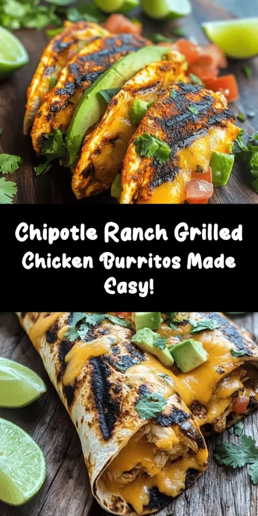 Savor the flavors of summer with this Easy Chipotle Ranch Grilled Chicken Burrito! Perfect for meal prep or a quick dinner, this recipe combines juicy grilled chicken marinated in zesty chipotle ranch dressing, fluffy rice, black beans, corn, fresh tomatoes, and creamy avocado. All wrapped in a warm tortilla and grilled to golden perfection. Serve with lime wedges and extra dressing for a delightful kick. Your family will love these delicious burritos!