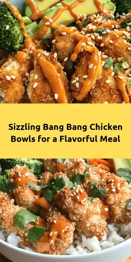 Dive into the flavors of these Bang Bang Chicken Bowls! This easy recipe features crispy chicken coated in panko and drizzled with a creamy, spicy bang bang sauce. Served over a bed of fluffy jasmine rice and topped with vibrant steamed broccoli, shredded carrots, and ripe avocado, it's a colorful and satisfying meal. Perfect for weeknight dinners, this dish can be ready in just 30 minutes. Garnish with sesame seeds and cilantro for that extra touch!