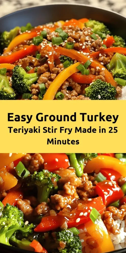 Whip up a delicious ground turkey teriyaki stir fry in just 25 minutes! This easy recipe combines savory ground turkey with colorful veggies like bell peppers, broccoli, and carrots, all tossed in a flavorful homemade teriyaki sauce. Perfect for a quick weeknight dinner, it's healthy and satisfying when served over rice or quinoa. Garnish with green onions and sesame seeds for a restaurant-quality meal right at home. Enjoy this tasty dish that everyone will love!