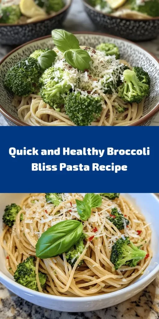 Discover the delightful Broccoli Bliss Pasta, a quick and nutritious meal perfect for any day! With whole wheat pasta, fresh broccoli, and a burst of lemon flavor, this dish comes together in just 20 minutes. Sauté garlic and red pepper flakes for a fragrant base, then combine with pasta and parmesan for a creamy finish. It’s a vibrant, healthy dish that’s sure to impress. Top with fresh basil for a beautiful touch! Enjoy a delicious meal that’s packed with goodness.
