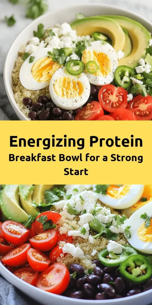 Start your day off strong with this Protein Power Breakfast Bowl! Packed with nutritious quinoa, creamy Greek yogurt, and protein-rich eggs, this bowl is a complete breakfast that fuels your morning. Add black beans, sliced avocado, and cherry tomatoes for extra texture and flavor, then finish it off with fresh cilantro and a squeeze of lime. Customize with optional jalapeños, feta, or salsa for a unique twist. Quick to prepare and delicious, it’s perfect for busy mornings!
