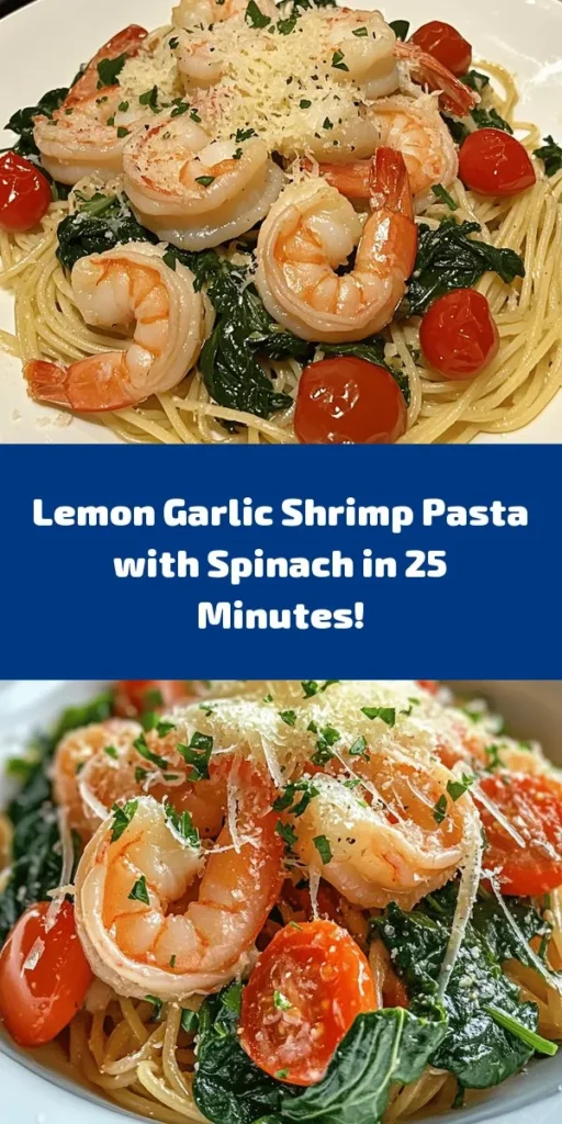 Savor the vibrant flavors of Zesty Lemon Garlic Shrimp Pasta with Spinach! This quick and easy recipe features al dente pasta tossed with succulent shrimp, fresh spinach, juicy cherry tomatoes, and a zesty lemon-garlic sauce. Ready in just 25 minutes, it's perfect for a weeknight dinner or a special occasion. Garnish with parsley and a sprinkle of Parmesan for an extra touch. Your taste buds will thank you! Try it now and elevate your pasta game!