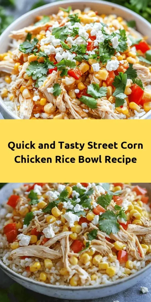 Delight in the flavors of summer with this Easy Street Corn Chicken Rice Bowl! This quick recipe combines tender shredded rotisserie chicken, sweet corn, and vibrant red bell peppers over a bed of fluffy rice. Ready in just 20 minutes, it’s perfect for busy weeknights. Add a creamy drizzle of mayo mixed with lime juice and a sprinkle of feta for extra taste. Garnish with fresh cilantro and enjoy a delicious meal that’s both satisfying and simple!