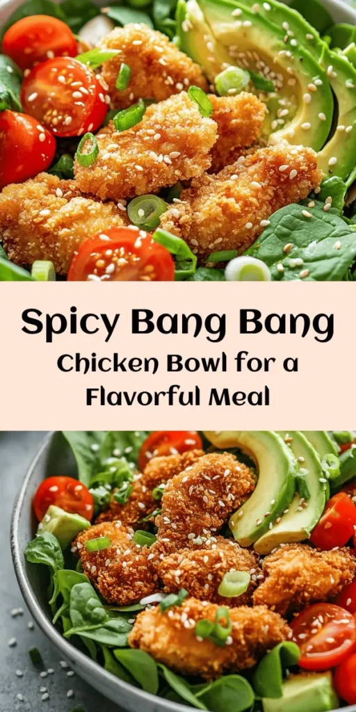 Create a delicious Bang Bang Chicken Bowl in just 40 minutes! This recipe features crispy, golden-breaded chicken served on a bed of mixed greens, topped with cherry tomatoes and fresh avocado. The homemade Bang Bang sauce adds a sweet and spicy kick that takes this dish to the next level. Perfect for a quick dinner or lunch, this vibrant bowl is both satisfying and packed with flavor. Enjoy a healthy meal that’s sure to impress your family or guests!