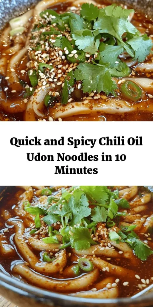 Satisfy your cravings with these 10-Minute Chili Oil Udon Noodles! This quick recipe combines chewy udon noodles with a spicy, flavorful sauce featuring chili oil, soy sauce, apple cider vinegar, and sesame oil. Toss in sautéed garlic and ginger for an aromatic kick, and top with fresh green onions, sesame seeds, and your choice of protein like shrimp or tofu. Perfect for a delicious weeknight meal that’s ready in no time! Enjoy!