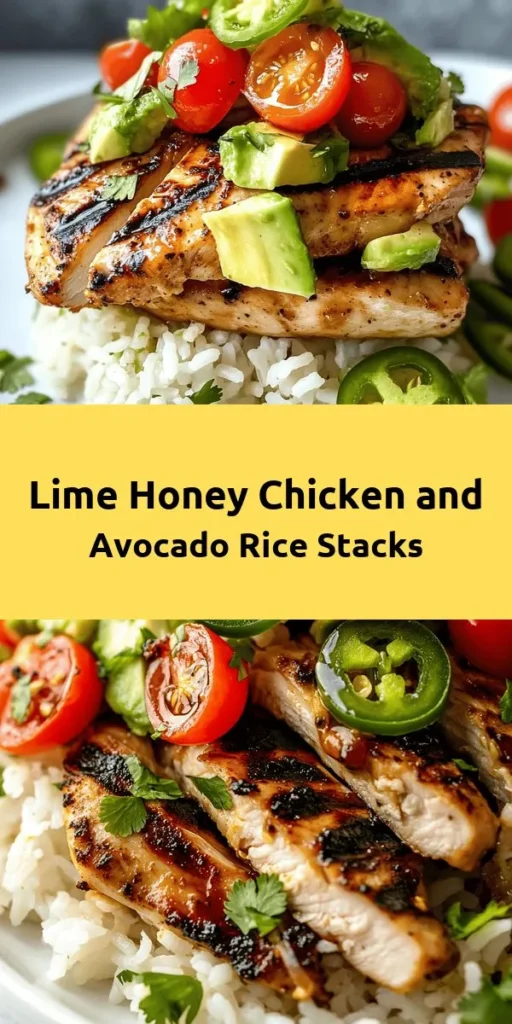 Elevate your dinner game with this delicious Honey Lime Chicken & Avocado Rice Stack! This recipe features juicy marinated chicken grilled to perfection and served atop a vibrant mix of jasmine rice, creamy avocado, fresh cherry tomatoes, and zesty cilantro. Perfect for gathering with friends or family, this dish is both visually stunning and bursting with flavor. Easy to prepare and ready in just an hour, it's a tasty option for any night of the week!