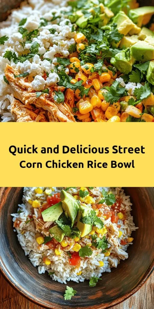 Looking for a quick and delicious meal? Try this Easy Street Corn Chicken Rice Bowl! It's made with tender shredded chicken, sweet corn, and fluffy rice, all seasoned with lime and chili powder for a burst of flavor. Ready in just 20 minutes, this bowl is perfect for busy weeknights or meal prep. Customize it with toppings like avocado and jalapeños for an extra kick. Enjoy a tasty, filling dish that everyone will love!