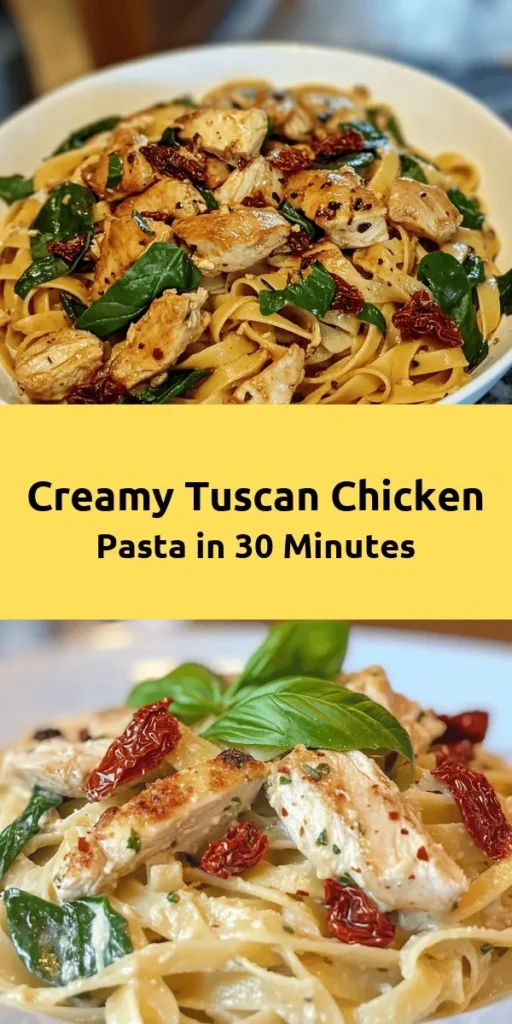 Indulge in a delightful bowl of Tuscan Chicken Pasta! This creamy fettuccine dish combines tender chicken, sun-dried tomatoes, and fresh spinach, all tossed in a luscious sauce made with heavy cream and Parmesan cheese. Perfect for a cozy dinner, this recipe comes together in just 30 minutes and serves four. Add a pinch of red pepper flakes for a touch of heat and garnish with fresh basil for a beautiful finish. Enjoy a taste of Italy at home!
