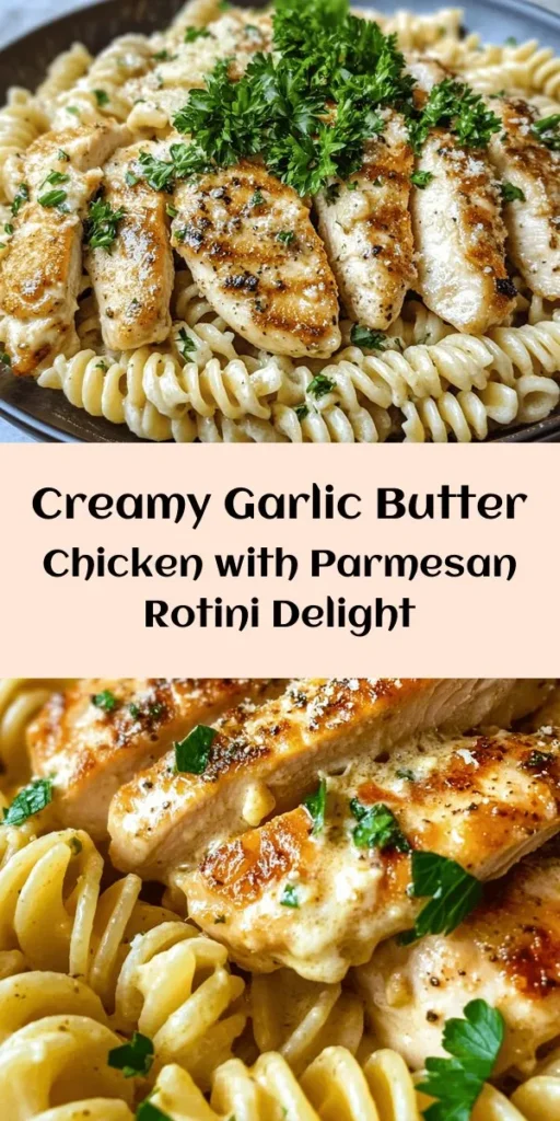 Whip up a comforting meal with this Creamy Garlic Butter Chicken & Rotini in Parmesan Sauce! Perfect for a weeknight dinner, this recipe features tender chicken breasts and al dente rotini smothered in a rich, creamy garlic parmesan sauce. It's quick to prepare, taking just 35 minutes from start to finish, and serves four. Don't forget to garnish with fresh parsley for an extra pop of flavor! Your family will love this decadent dish. 🍝🧄