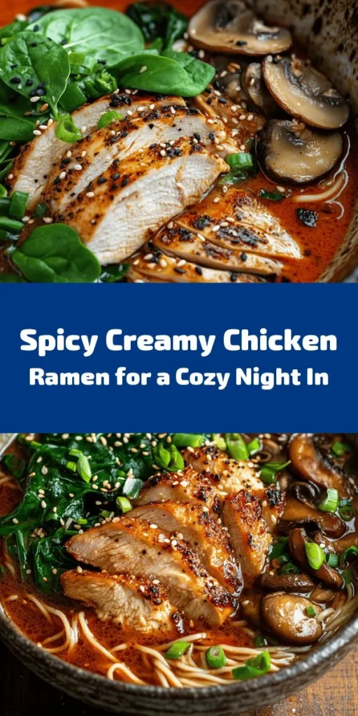 Spice up your dinner with this delicious Fiery Chicken Ramen with Creamy Garlic Sauce! Perfect for ramen lovers, this dish features tender marinated chicken thighs, flavorful mushrooms, and vibrant baby spinach, all enveloped in a rich and spicy creamy broth. It's quick to prepare, taking just 35 minutes, and serves two. Garnish with chopped green onions and sesame seeds for an added crunch. Get ready for a cozy and satisfying meal that packs a flavorful punch!