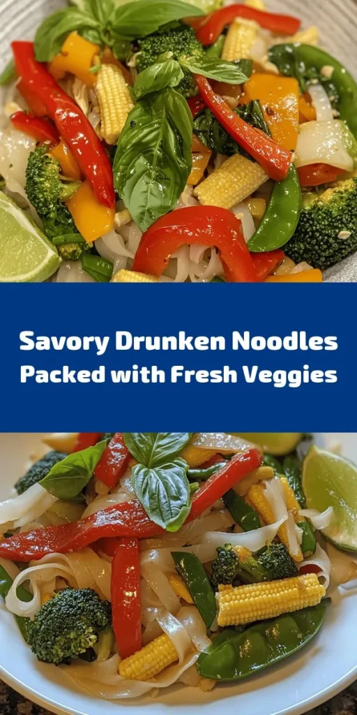 Looking for a quick and flavorful meal? Try these Drunken Noodles Delight! This recipe features tender flat rice noodles stir-fried with colorful veggies like bell pepper, broccoli, and sugar snap peas, all enhanced with garlic and fresh Thai basil. Easy to whip up in just 30 minutes, this dish is perfect for busy weeknights. Serve with lime wedges for a zesty kick that elevates every bite. Enjoy an explosion of flavors in just one bowl!