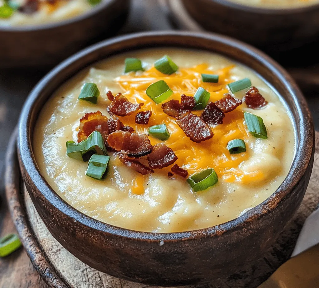 As the temperatures drop and the days grow shorter, there’s nothing quite like a warm bowl of soup to bring comfort and coziness into our homes. Creamy soups, in particular, have an irresistible charm that makes them a favorite during the colder months. Their velvety texture and rich flavors envelop you like a warm hug, making them the perfect antidote to chilly evenings. Among the myriad of options available, <strong>Creamy Loaded Baked Potato Soup</strong> stands out as a quintessential comfort food that is both satisfying and indulgent.” /></p>
</p>
<h3>Adding Cream and Cheese</h3>
</p>
<p>When it comes to creating the ultimate creamy loaded baked potato soup, the incorporation of cream and cheese is crucial to achieving that desired velvety texture. To ensure a smooth blend without the risk of curdling, follow these techniques:</p>
</p>
<p>1. <strong>Choose the Right Cream</strong>: Heavy cream or half-and-half are ideal for this soup. They provide richness without overwhelming the flavors. Avoid using low-fat alternatives as they can separate when heated.</p>
</p>
<p>2. <strong>Temper the Cream</strong>: Before adding cream directly to the hot soup, temper it by gradually whisking in a small amount of hot soup into the cream. This process helps to raise the temperature of the cream slowly, reducing the risk of curdling.</p>
</p>
<p>3. <strong>Add Cheese Gradually</strong>: Incorporate shredded cheese—cheddar is a classic choice—slowly while stirring continuously. This method promotes even melting and prevents clumping. For the best results, use fresh cheese rather than pre-shredded varieties, as they often contain anti-caking agents that can affect melting.</p>
</p>
<p>4. <strong>Keep the Heat Low</strong>: Once the cream and cheese have been added, maintain a low heat. Cooking on high heat can lead to separation or a grainy texture, so allow the soup to simmer gently, letting the flavors meld together.</p>
</p>
<h3>Finishing Touches</h3>
</p>
<p>Serving temperature and garnishes can elevate your creamy loaded baked potato soup from good to extraordinary. Here are some tips:</p>
</p>
<p>– <strong>Serving Temperature</strong>: This soup is best served hot. Aim for a temperature of about 160°F (70°C) when serving. Use a ladle to pour the soup into bowls, ensuring each serving is steaming.</p>
</p>
<p>– <strong>Garnishes</strong>: A well-garnished soup not only looks appealing but can also enhance flavor. Here are some suggestions:</p>
<p>– <strong>Chopped Green Onions</strong>: Add fresh, bright flavor and a bit of crunch.</p>
<p>– <strong>Crispy Bacon Bits</strong>: For a smoky, savory touch.</p>
<p>– <strong>Shredded Cheese</strong>: A sprinkle of extra cheese on top provides a melty finish.</p>
<p>– <strong>Sour Cream or Greek Yogurt</strong>: A dollop adds creaminess and a tangy contrast.</p>
<p>– <strong>Fresh Herbs</strong>: Parsley, chives, or dill can complement the flavors beautifully.</p>
</p>
<h3>Nutritional Information</h3>
</p>
<p>Understanding the nutritional profile of your creamy loaded baked potato soup can help you make informed choices. Here’s a breakdown of the typical content per serving (approximately one cup):</p>
</p>
<p>– <strong>Calories</strong>: 300-400 calories</p>
<p>– <strong>Fats</strong>: 15-25 grams</p>
<p>– <strong>Proteins</strong>: 10-15 grams</p>
<p>– <strong>Carbohydrates</strong>: 30-40 grams</p>
</p>
<h4>Health Aspects of Ingredients</h4>
</p>
<p>The ingredients in this soup not only contribute to its flavor but also provide nutritional benefits. Potatoes are a great source of potassium and vitamin C, offering energy and supporting immune function. The cheese adds calcium and protein, while the cream provides essential fats necessary for nutrient absorption.</p>
</p>
<h4>Dietary Considerations</h4>
</p>
<p>This recipe can be easily adapted to meet various dietary restrictions:</p>
</p>
<p>– <strong>Gluten-Free</strong>: The base ingredients of potatoes and dairy are naturally gluten-free. Always double-check packaged ingredients to ensure they are certified gluten-free.</p>
<p>– <strong>Vegetarian Options</strong>: As written, this recipe is vegetarian-friendly. For a vegan version, substitute the cream with coconut milk or cashew cream and use nutritional yeast to replicate the cheese flavor.</p>
</p>
<h3>Variations and Customizations</h3>
</p>
<p>One of the best aspects of creamy loaded baked potato soup is its versatility. Here are some ideas for ingredient swaps and flavor enhancements:</p>
</p>
<p>– <strong>Ingredient Swaps</strong>:</p>
<p>– <strong>Vegan Alternatives</strong>: Use plant-based milk (like almond or soy) and vegan cheese for a dairy-free option.</p>
<p>– <strong>Low-Carb Options</strong>: Substitute potatoes with cauliflower for a lower-carb version while still maintaining a creamy texture.</p>
</p>
<p>– <strong>Additional Toppings</strong>:</p>
<p>– Try different cheeses like Gouda or pepper jack for a unique flavor.</p>
<p>– Top with sautéed mushrooms or roasted garlic for added depth.</p>
<p>– Fresh herbs such as thyme or rosemary can introduce an aromatic element.</p>
</p>
<p>– <strong>Flavor Variations</strong>:</p>
<p>– For a spicy kick, add diced jalapeños or a sprinkle of cayenne pepper.</p>
<p>– Introduce herbs like basil or oregano to vary the taste profile.</p>
</p>
<h3>Pairings and Serving Suggestions</h3>
</p>
<p>Creamy loaded baked potato soup is a crowd-pleaser and pairs well with several accompaniments. Here are some suggestions:</p>
</p>
<p>– <strong>Salads</strong>: A crisp garden salad or Caesar salad complements the richness of the soup and adds a refreshing contrast.</p>
<p>– <strong>Breads</strong>: Serve with crusty bread or garlic bread for dipping. A warm baguette can soak up the delightful flavors of the soup.</p>
<p>– <strong>Ideal Occasions</strong>: This soup is perfect for various settings:</p>
<p>– <strong>Family Meals</strong>: Gather around the table and enjoy a comforting bowl together.</p>
<p>– <strong>Potlucks</strong>: Bring a large pot to share with friends; it’s easy to make in bulk.</p>
<p>– <strong>Cold Weather</strong>: This soup is ideal for chilly evenings, providing warmth and satisfaction.</p>
</p>
<h3>Storing and Reheating the Soup</h3>
</p>
<p>Storing leftovers properly can extend the life of your creamy loaded baked potato soup while maintaining flavor and texture. Here are best practices:</p>
</p>
<p>– <strong>Storage</strong>: Allow the soup to cool completely before transferring it to airtight containers. It can be stored in the refrigerator for 3-4 days or frozen for up to 3 months. If freezing, leave some space at the top of the container to allow for expansion.</p>
</p>
<p>– <strong>Reheating</strong>: To reheat, transfer the soup to a pot and warm it over medium heat. Stir occasionally to prevent sticking and ensure even heating. If the soup appears too thick after refrigeration or freezing, add a splash of milk or broth to achieve the desired consistency.</p>
</p>
<h3>Conclusion</h3>
</p>
<p>Creamy loaded baked potato soup embodies comfort and joy in a bowl. Its rich flavors and creamy texture make it a staple for chilly nights, family gatherings, or cozy weekends. This recipe’s versatility allows you to customize it according to dietary preferences and seasonal ingredients, making it suitable for any occasion.</p>
</p>
<p>Whether you’re serving it at a family dinner or bringing it along to a potluck, this soup is sure to win over hearts and palates alike. Don’t hesitate to try making this delightful dish—gather your ingredients, follow the steps, and enjoy the rich, satisfying flavors that only a homemade creamy loaded baked potato soup can provide.</p>
<div id=