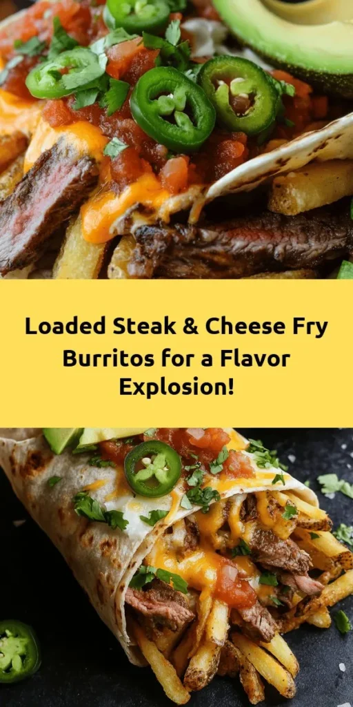 Indulge in these Steak & Cheese Dirty Fry Burritos that are packed with flavor! Tender flank steak seasoned with smoked paprika, crispy baked fries, and a melty cheese blend all wrapped in a warm tortilla. Top with fresh avocado, green onions, and jalapeños for an extra kick. Perfect for a hearty dinner or a fun weekend meal. Get ready to satisfy your cravings with this delicious recipe that’s sure to impress family and friends!