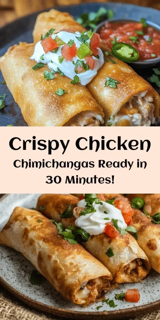 Dive into deliciousness with these crispy chicken chimichangas! Perfect for a quick dinner or a fun appetizer, this recipe combines juicy shredded chicken, creamy refried beans, and melted cheddar cheese all wrapped in a golden tortilla. With spices like cumin and garlic for extra flavor, these chimichangas are fried to perfection. Top them with sour cream, guacamole, and jalapeños for an irresistible treat. Easy to make and sure to impress!
