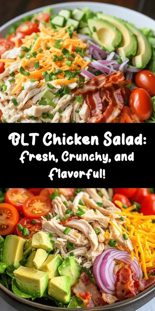 Try this mouthwatering BLT Chicken Salad for a quick and delicious meal! Packed with shredded chicken, crispy bacon, fresh Romaine lettuce, cherry tomatoes, and creamy avocado, this salad is a perfect blend of flavors. Toss it all together with a zesty dressing made of mayonnaise, Dijon mustard, and apple cider vinegar for an extra kick. Ideal for lunch or dinner, this easy recipe comes together in just 15 minutes. Enjoy a nutritious bite that's full of taste!