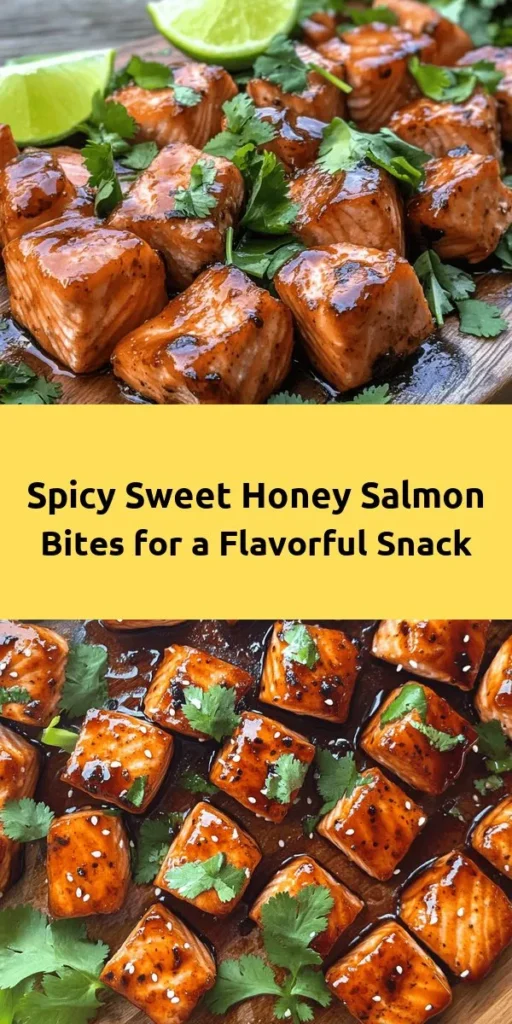 Dive into these Spicy Sweet Hot Honey Salmon Bites for a delicious and easy seafood treat! Perfectly marinated in a zesty blend of hot honey, soy sauce, and lime juice, these bite-sized pieces are baked to perfection in just 12 minutes. Garnished with fresh cilantro and served with lime wedges, they make an exciting appetizer or a healthy main dish. Ready in under half an hour, they’re perfect for impressing guests or enjoying a flavor-packed meal at home!