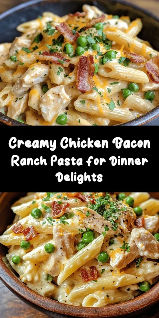 Indulge in this delicious Creamy Chicken Bacon Ranch Pasta! This comforting dish features tender penne pasta tossed in a rich, creamy sauce made with diced chicken, crispy bacon, and a hint of ranch seasoning. With simple ingredients like heavy cream, cheddar cheese, and peas, it's easy to whip up in just 30 minutes. Perfect for a family dinner, this meal is sure to please everyone at the table. Try it tonight for a cozy, flavorful dish!