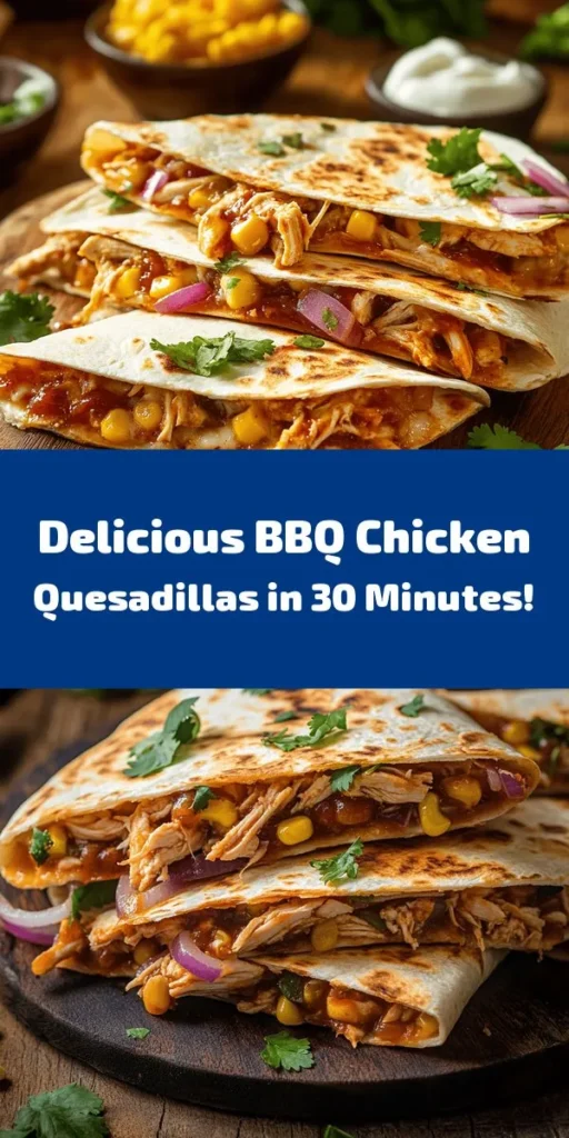 Craving something delicious? Try these BBQ Chicken Quesadillas, a perfect blend of tender chicken tossed in BBQ sauce, melty mozzarella, and cheddar cheese, all wrapped in crispy tortillas. Cook red onions and corn for a touch of sweetness, then grill until golden. Serve with cilantro and sour cream for a tasty twist. Ready in just 30 minutes, this recipe is perfect for a quick dinner or a fun gathering. Enjoy the smoky flavors that everyone will love!